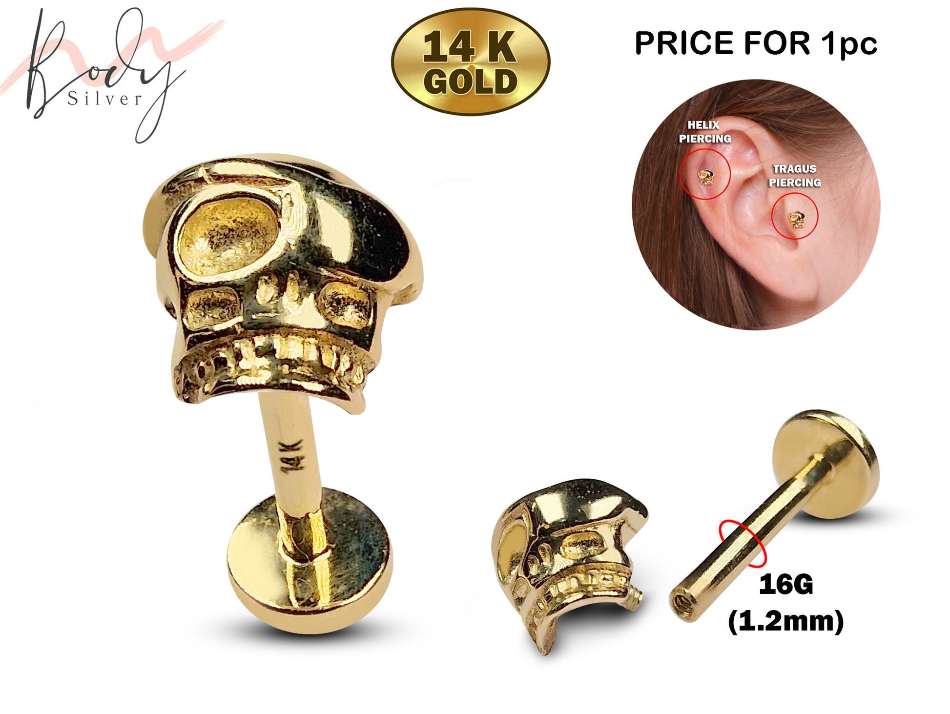 14K Gold Pirate Skull Tragus Earring, Labret Stud, Helix, Cartilage Piercing - Internally Threading Body Jewellery Ear Piercing