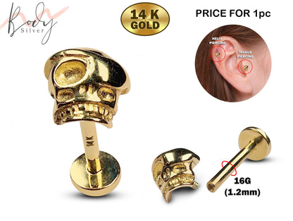 14K Gold Pirate Skull Tragus Earring, Labret Stud, Helix, Cartilage Piercing - Internally Threading Body Jewellery Ear Piercing