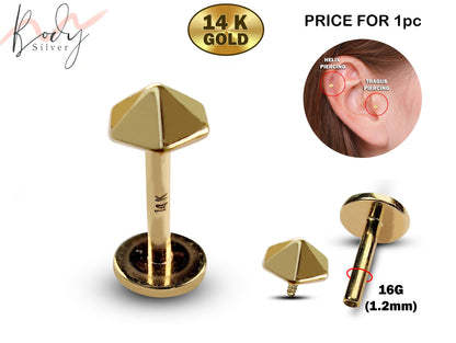 14K Gold Umbrella Top Tragus Earring, Cartilage Labret Stud Piercing - Internally Threading Body Jewellery Ear Piercing