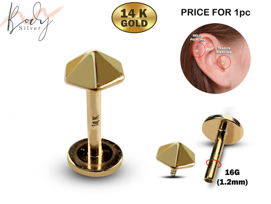 14K Gold Umbrella Top Tragus Earring, Cartilage Labret Stud Piercing - Internally Threading Body Jewellery Ear Piercing