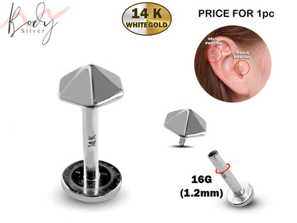 14K White Gold Umbrella Tragus Earring, Labret Stud, Helix Cartilage Piercing - Internally Threading Body Jewellery Ear Piercing