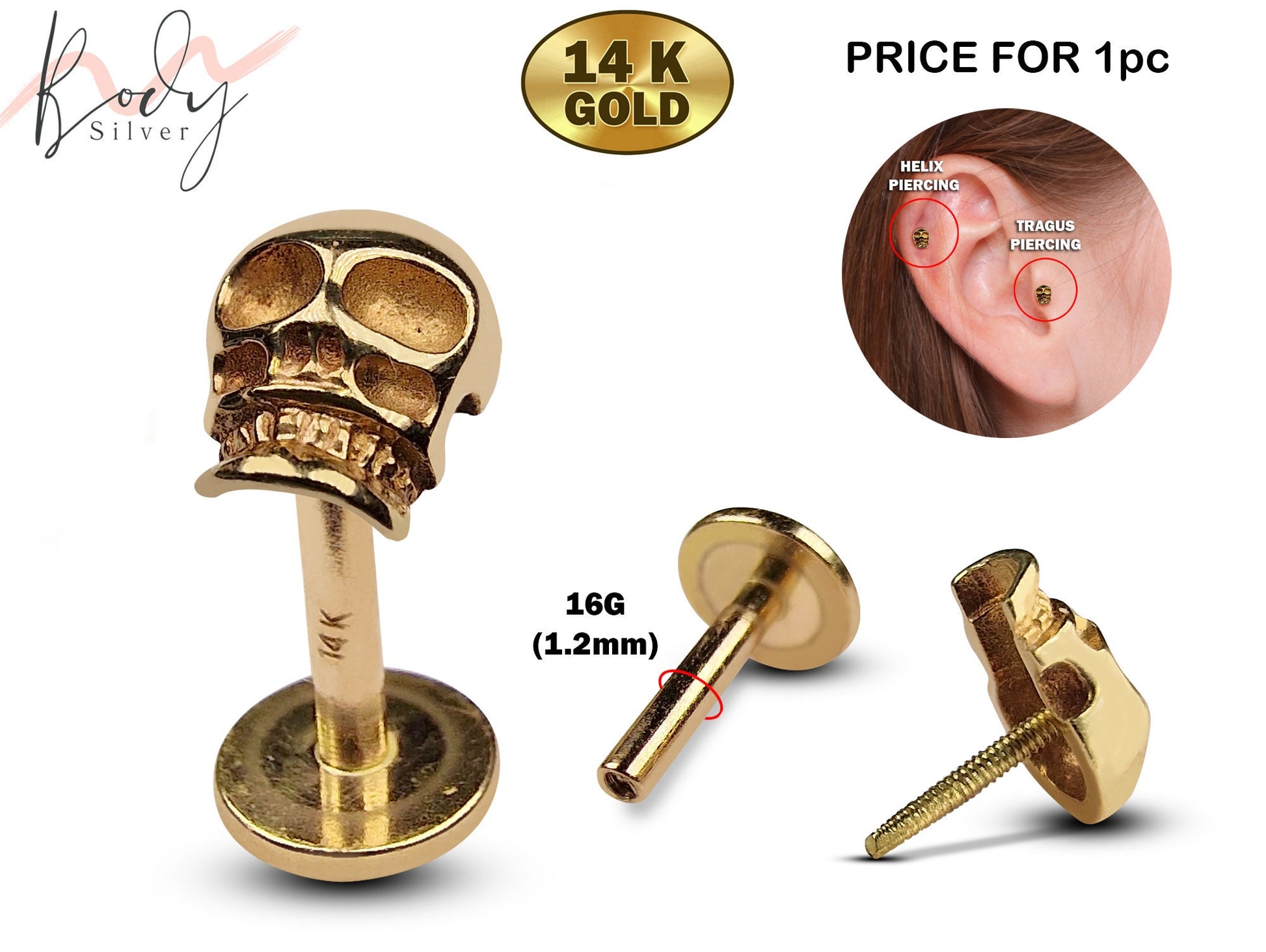 14K Gold Skull Head Tragus Earring, Labret Stud, Helix, Cartilage Piercing - Internally Threading Body Jewellery Ear Piercing