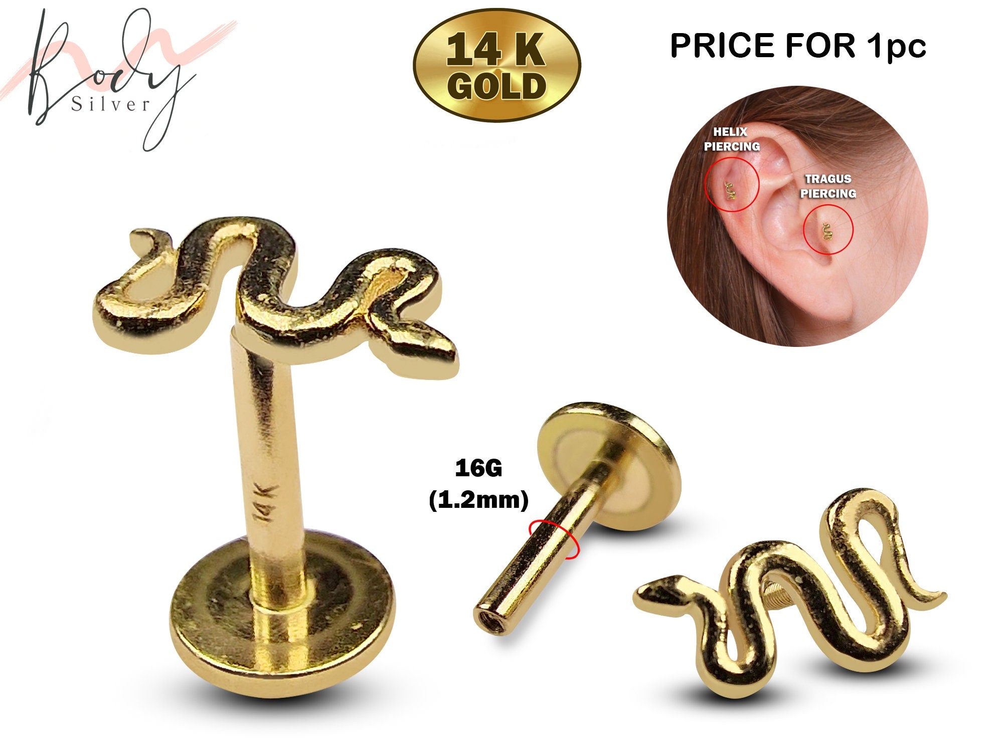 14k Solid Gold Sapphire CZ Labret Piercing, 1.5mm/2mm/2.5mm/3mm outlet 14k Solid Gold Internally Threaded labret Cartilage, Tragus, Helix, Conch