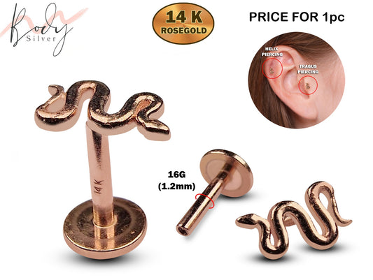 14K Rose Gold Snake Labret Stud Tragus Earrings, Cartilage Piercing - 16G Internally Threading Body Jewellery Ear Piercing