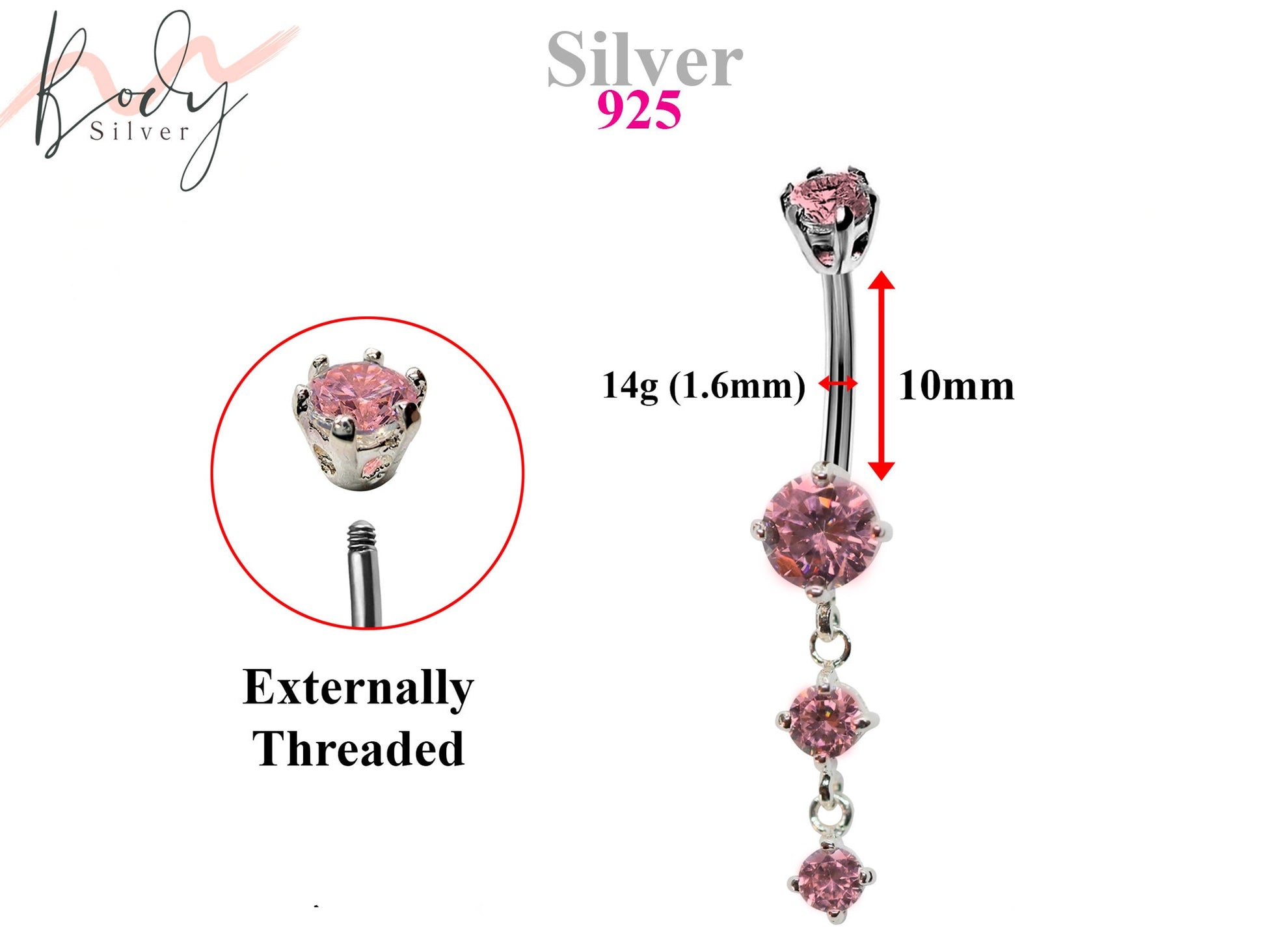 Round Belly Button Rings, Dangle Navel Piercing Belly Piercing with High Quality Pink Sapphire Crystals Navel Jewelry 16g Length is 10mm