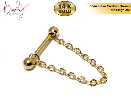 14K Gold Nose Bridge Piercing, Barbell Piercing with Gold Chain - 14g to 16g size 6mm to 12mm - Body Jewellery Nose Piercing