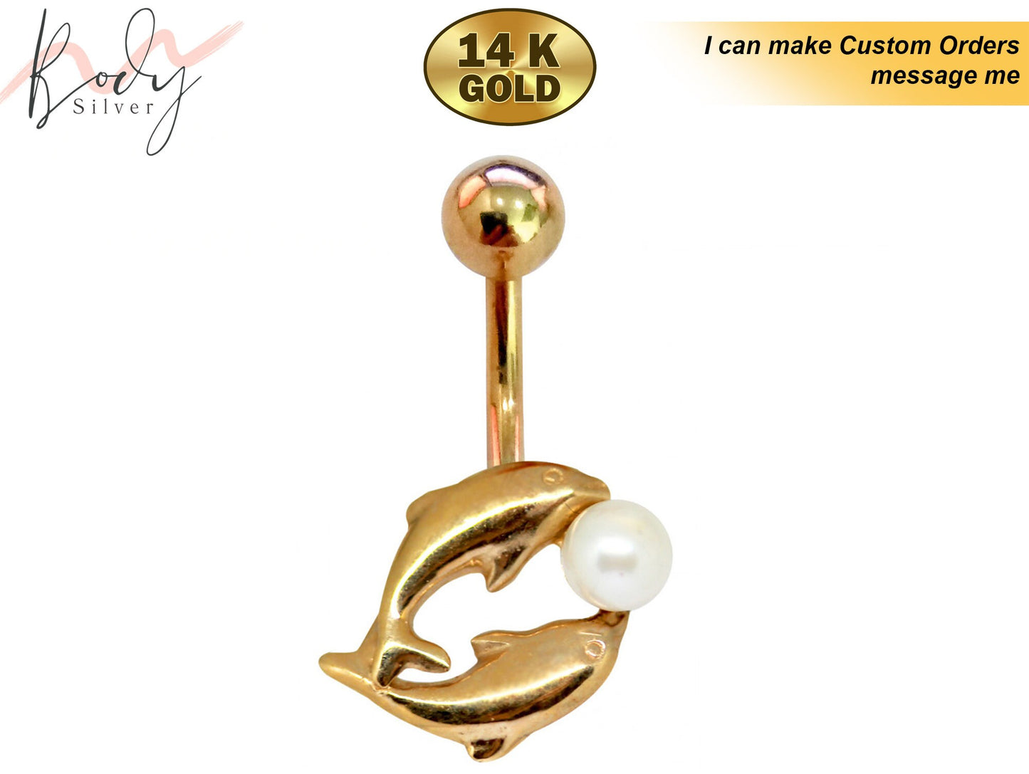 Solid Gold Dolphin with Pearl Belly Button Ring -14K Gold Belly Bar, Designer - Gold Body Piercing Navel Jewelry for that Special Lady