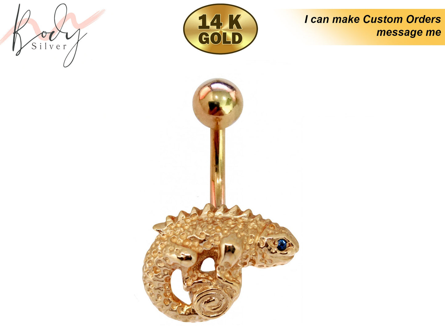 Gold Belly Rings - Solid 14K Gold 3.9g - Chameleon Lizard Belly Bar, Designer Gold Belly Button Ring - Jewellery Quality Body Piercing