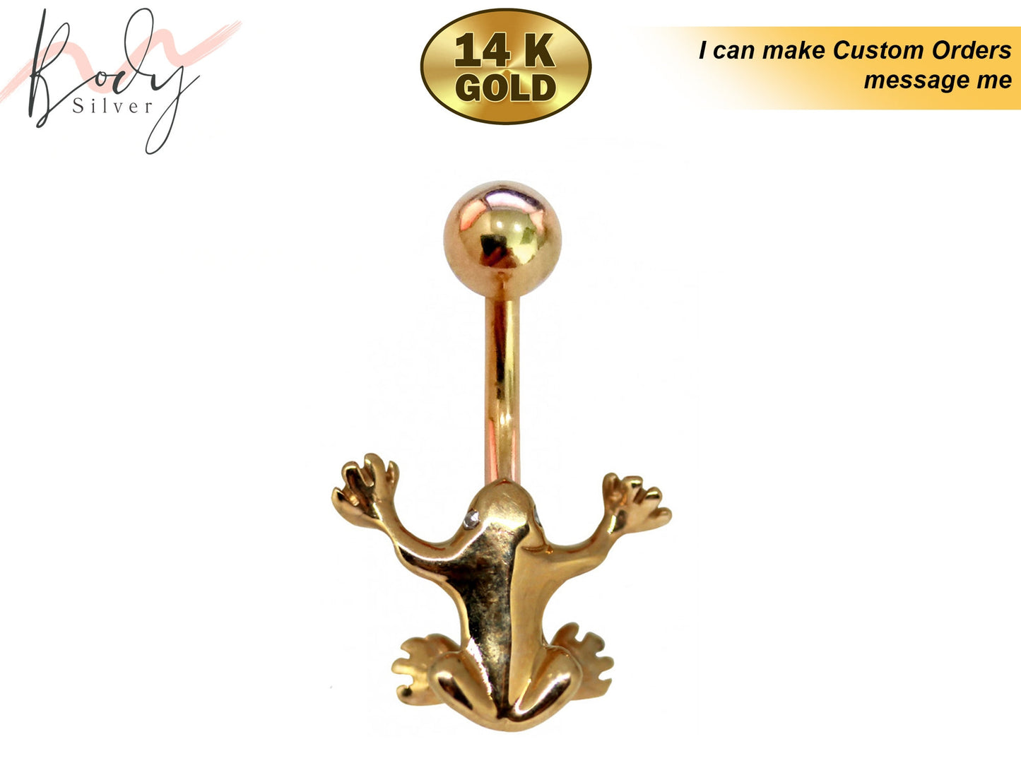 Frog Belly Ring Solid Gold 14K Designer Frog Belly Button Ring Hand Polished - Finest in Gold Body Jewelry