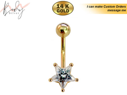 Stars Belly Bar - Solid 14K Gold Designer Belly Button Ring with Star Crystal Hand Set - Finest Quality Gold Body Piercing