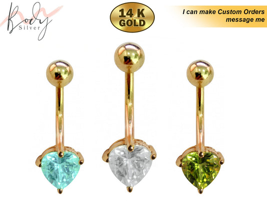 Solid Gold Heart Belly Button Ring 14K Gold Designer Belly Bars - Gold Body Piercing Jewelry for someone Special