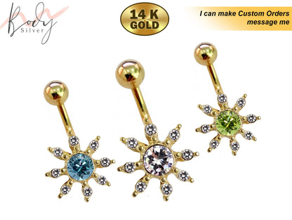 14K Gold Sun Belly Button Ring with Crystal Hand Set - Finest Quality Gold Body Piercing