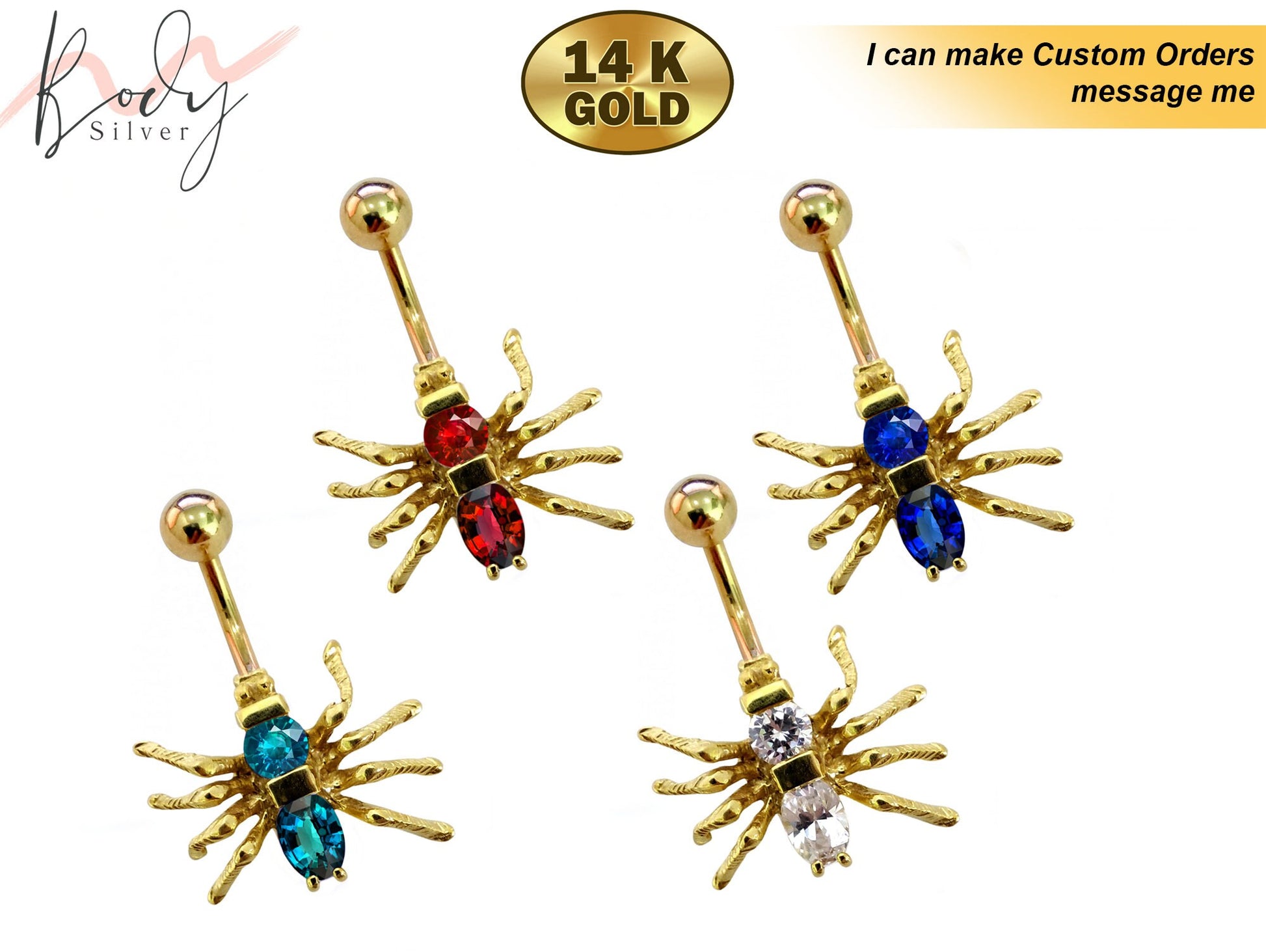 14K Gold Spider Belly Button Ring with Preciously Stone Crystal Hand Set - Finest Quality Gold Body Piercing