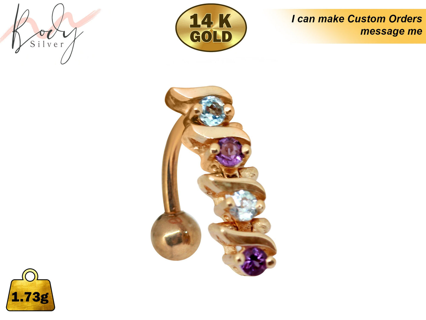 Reverse Bar 14K Gold Belly Button Rings Made of 4 Moving parts Highest Quality Crystals - Hand Set and Polished - Fine Gold Jewellery