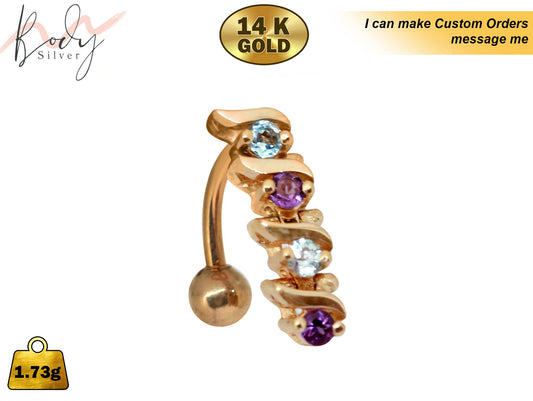 Reverse Bar 14K Gold Belly Button Rings Made of 4 Moving parts Highest Quality Crystals - Hand Set and Polished - Fine Gold Jewellery