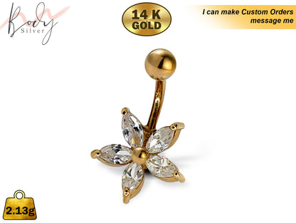 Flower Belly Ring with 5 petal Crystal - Solid 14K Gold Designer Belly Button Ring with Crystal Hand Set - Finest Quality Gold Body Piercing