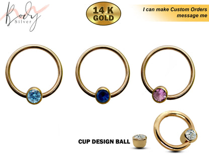 14K Gold Captive Bead Ring Cup Ball Design Closure Ring (BCR) with Precious Stones - 16G 14G for Septum, Eyebrow, Nipple, Lip, Nose and more