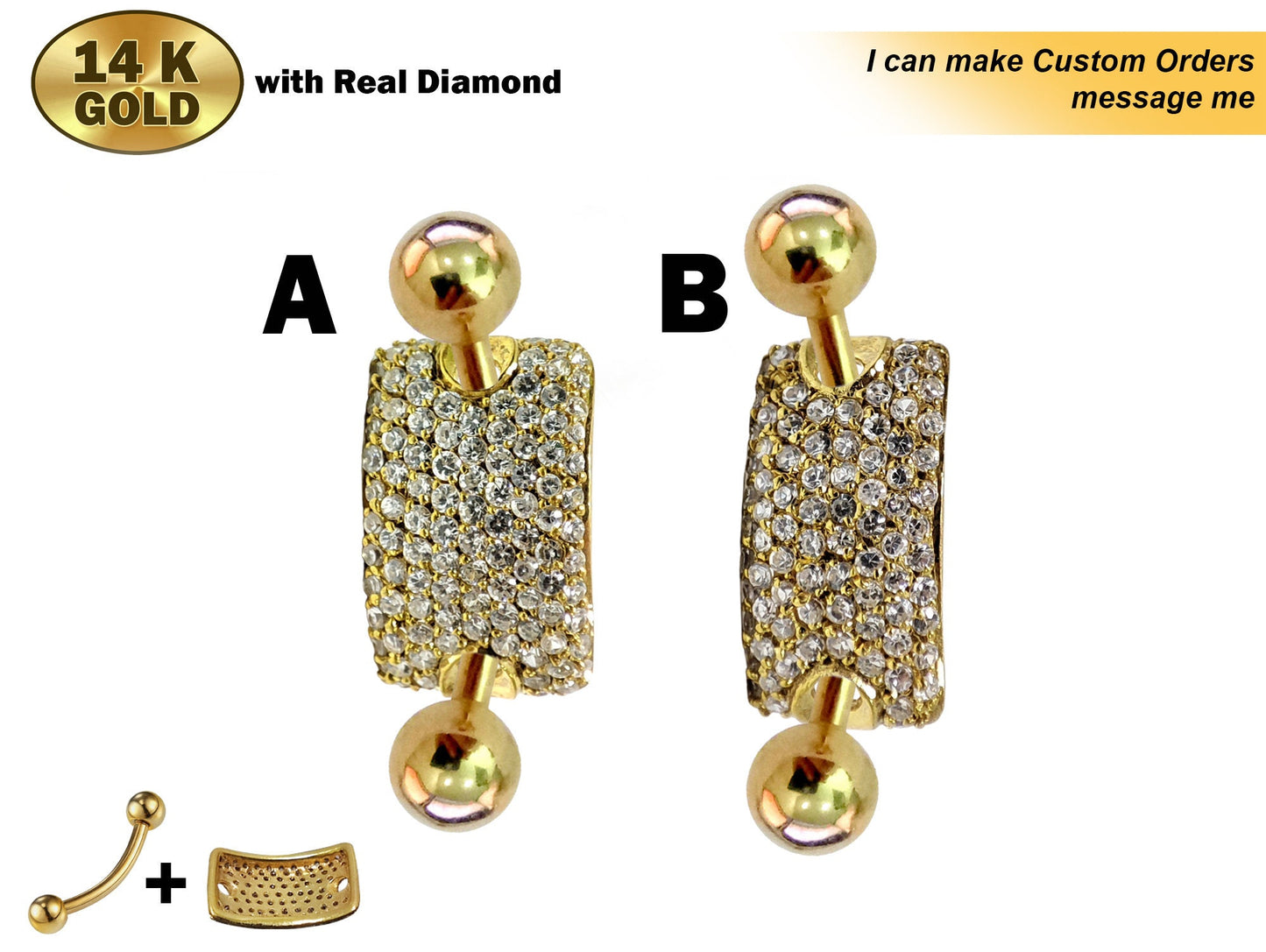 14K Gold Rectangle Belly Button Ring Filled with Crystal Hand Set - Finest Quality Gold Body Piercing