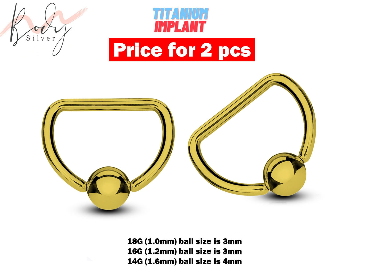 Gold Nipple Jewelry D-Ring Piercing - 2pcs Titanium Nipple Piercing Ring Body Piercing also for Septum Nose Ring