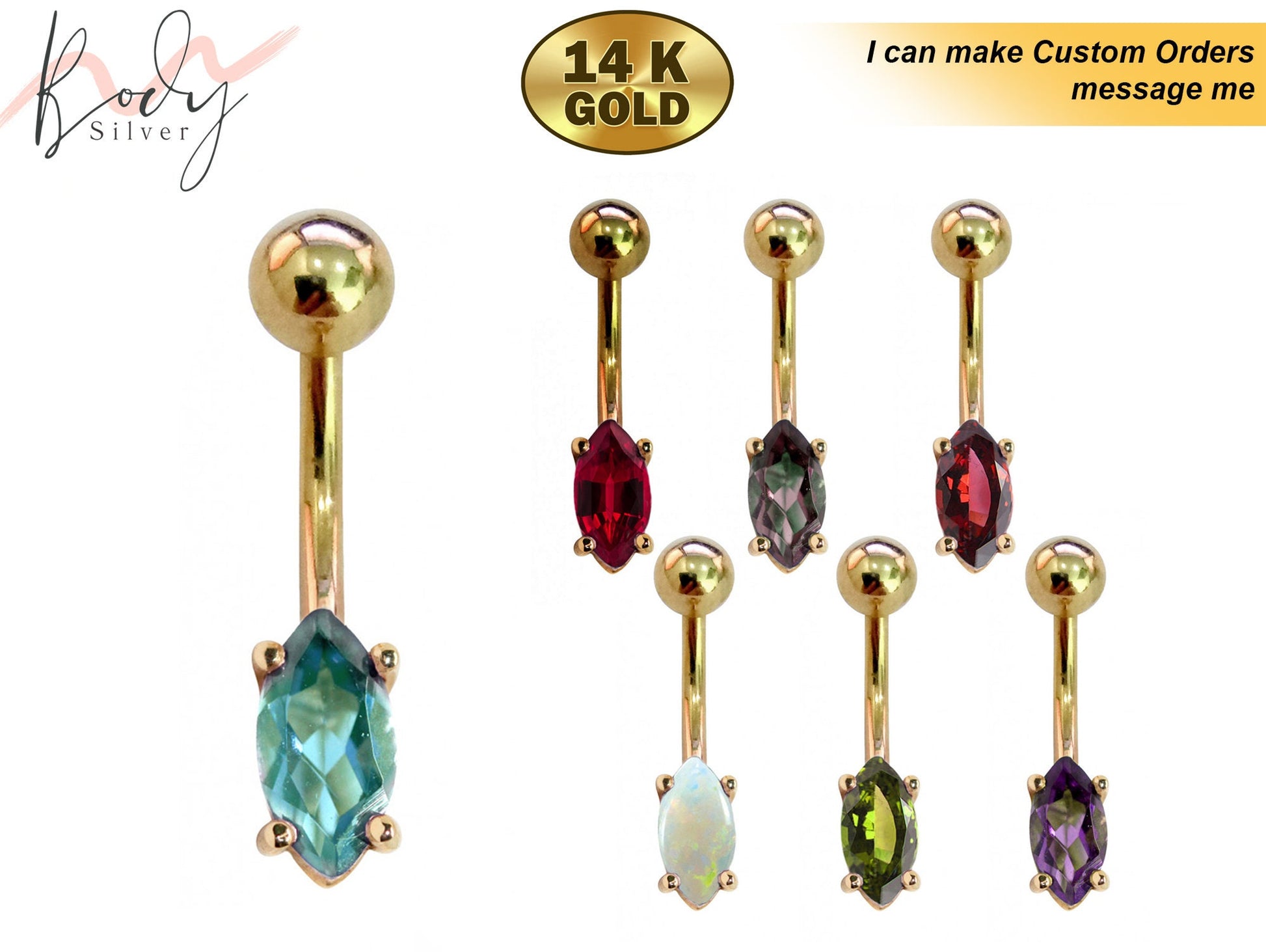 Belly Bar with Real Semi Precious Gem Stone - 14K Gold Marquise Cut Designer Belly Button Ring - Fine Jewellery Hand Set & Hand Polished