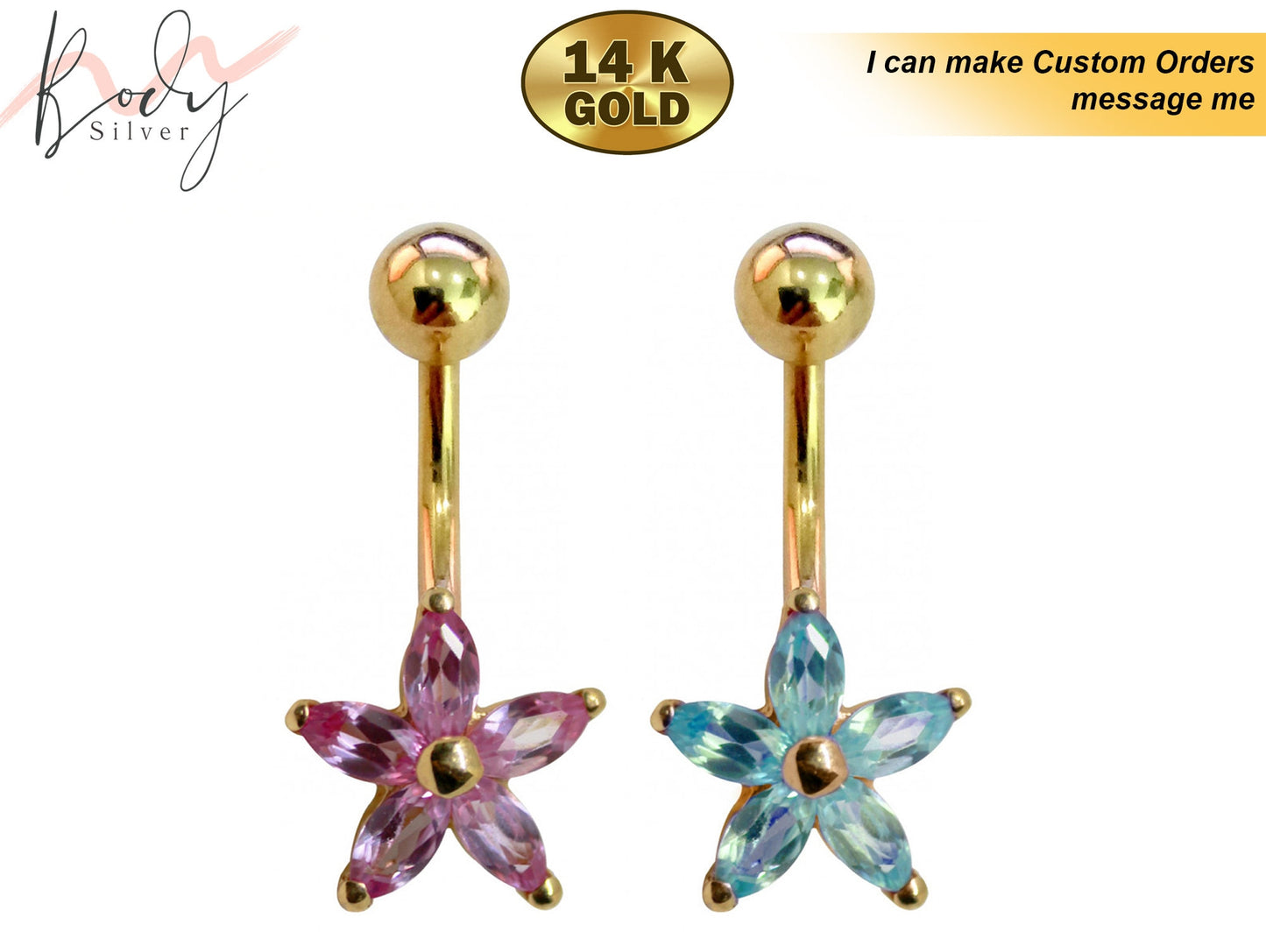 Flower Belly Bar - Solid 14K Gold Petal Designer Navel Belly Ring - Highest Quality Crystals Hand Set & Polished -For somebody Very Special