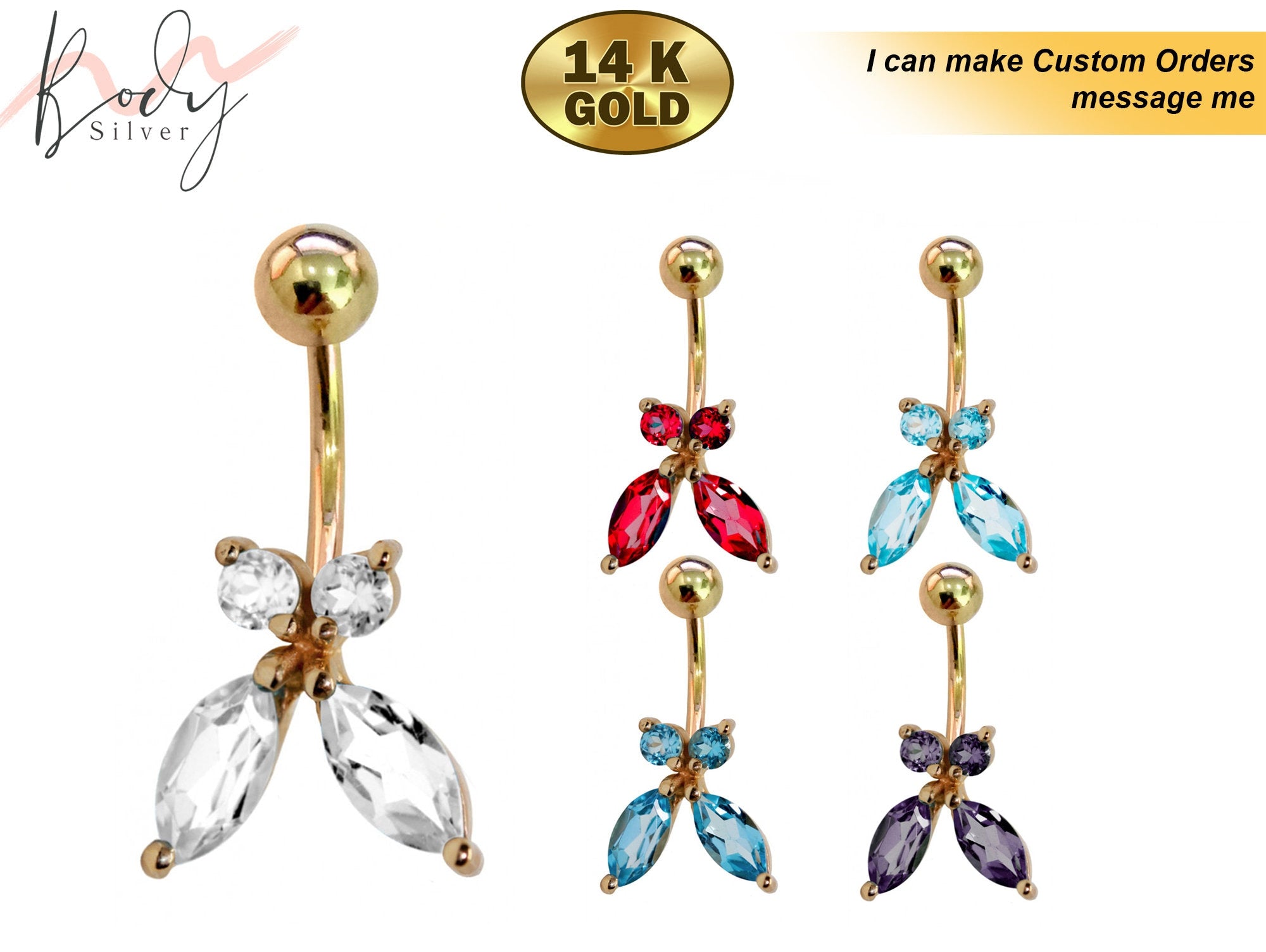 14K Gold Designer Butterfly Belly Bars Solid Gold Belly Button Ring Silver Body Jewellery