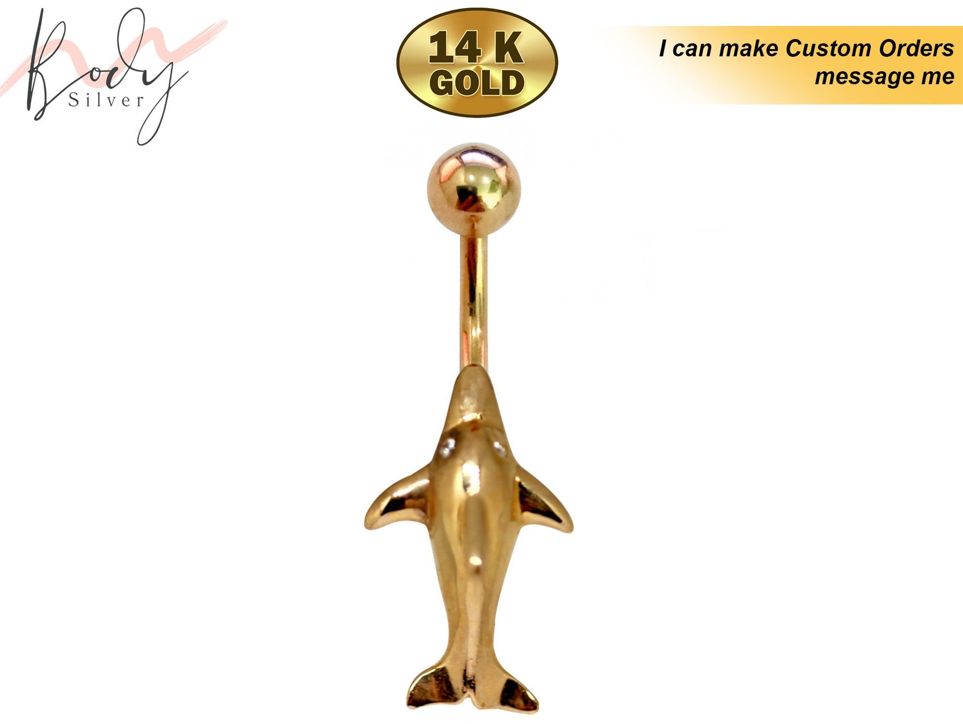 Dolphin Belly Button Ring Solid Gold 14K Gold Belly Bar 2.56 grams - Standard Size 10mm - Finest Quality Gold Body Piercing Jewelry