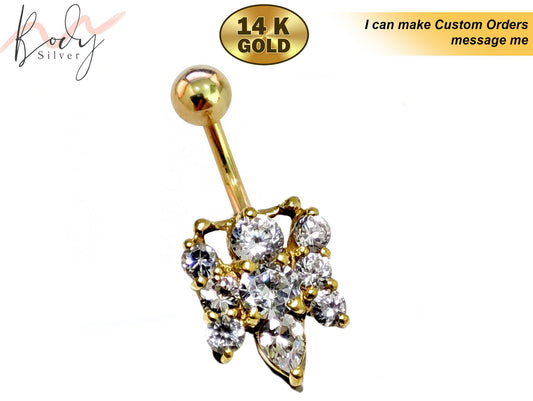 14K Gold Belly Button Ring with Crystal Hand Set - Butterfly Design Finest Quality Gold Body Piercing