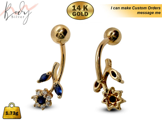 Flower Crystal Belly Ring - Solid 14K Gold Designer Belly Button Ring with Blue Sapphire - Finest Quality Gold Body Piercing