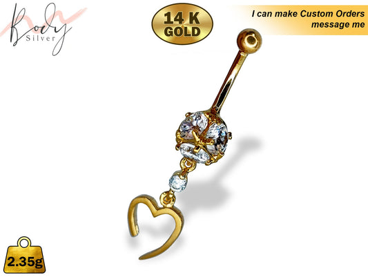 Open Heart Dangle Belly Ring - Solid 14K Gold Designer Belly Button Ring with Crystal Hand Set - Finest Quality Gold Body Piercing