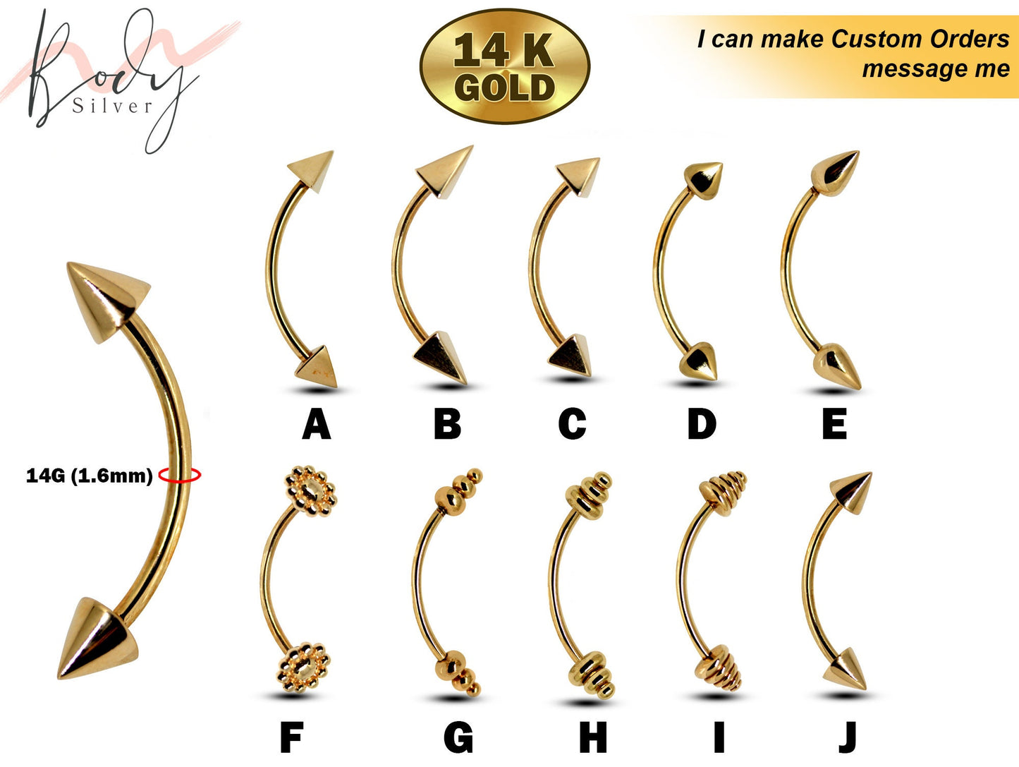 14K Solid Gold Eyebrow Piercing 14g Curved Barbell with Top Flower, Pyramid, Ring, Cone piercing for Belly ring, vertical labret, cartilage