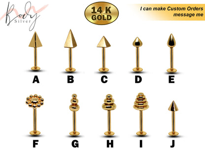 14K Solid Gold Labret Piercing - 14g/16g Labret Stud with Top Flower, Pyramid, Ring, Cone piercing for Lip, Medusa, Ashley Piercing, Tragus