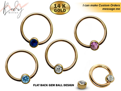 14K Gold Captive Bead Ring Flat Bead Closure Ring (BCR) with Precious Stones - 16G 14G for Septum, Eyebrow, Nipple, Lip, Nose and more