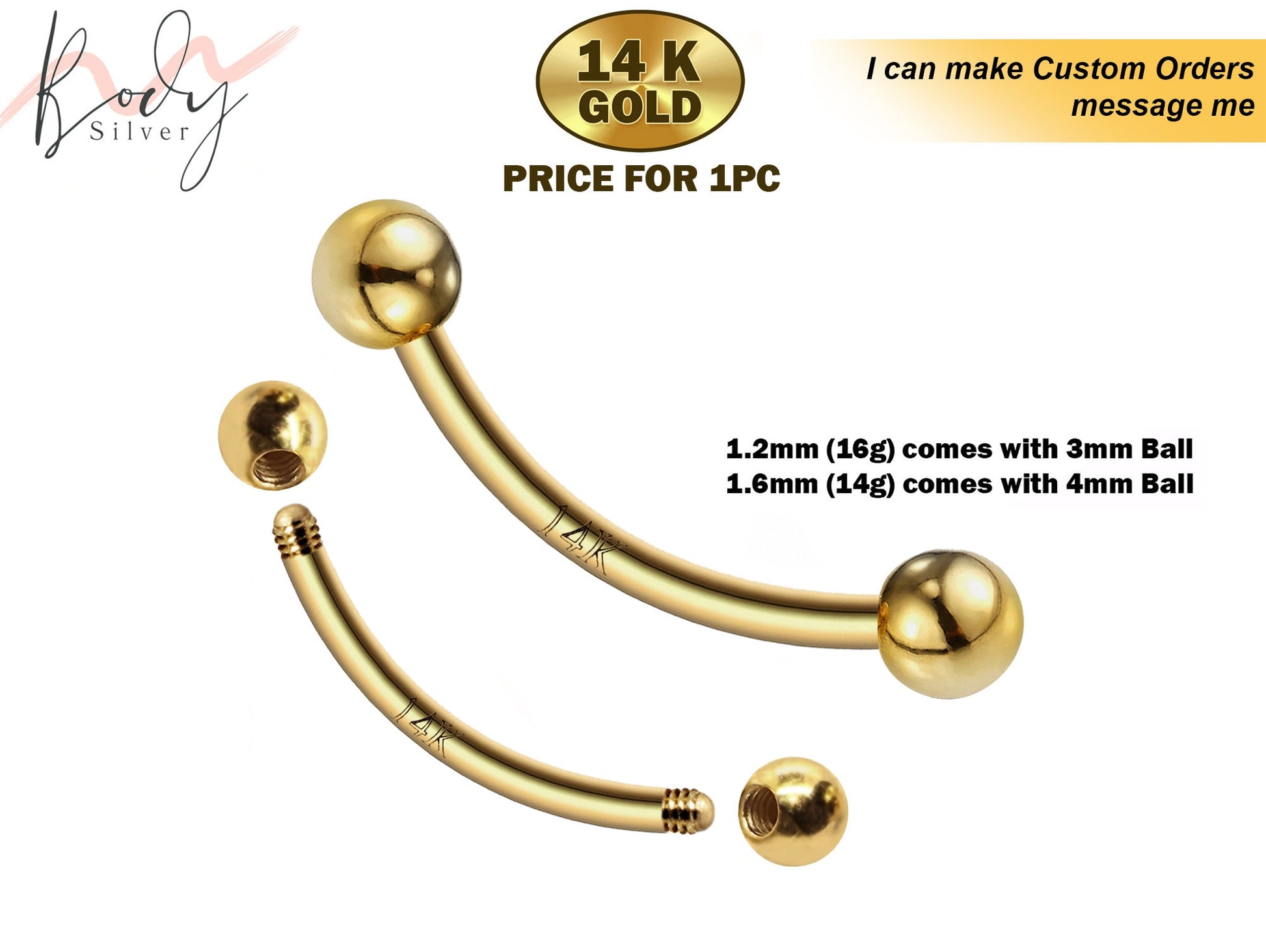 14K Solid Gold Bananabell - Curved Barbell - Piercing Jewelry for Lip, Helix, Tragus, Lobe, Cartilage - 16g & 14g - 6mm to 20mm