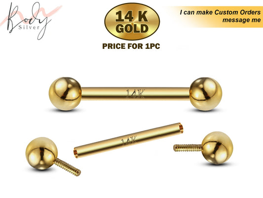 14K Gold Internal Threaded Barbell Piercing, Tongue Barbell, Bridge Piercing, Barbell Earrings, Nipple Jewelry - 16g &14g - 10mm to 24mm