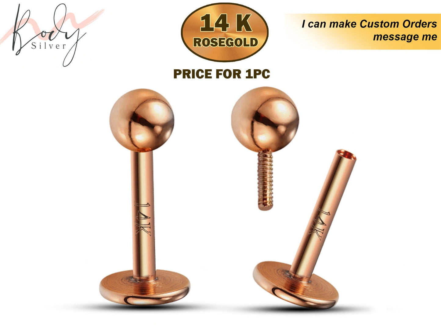 14K Rose Gold Internally Threaded Labret Stud Lip Jewelry - Body Piercing for Lip, Helix, Tragus, Lobe, Cartilage, Medusa Piercing