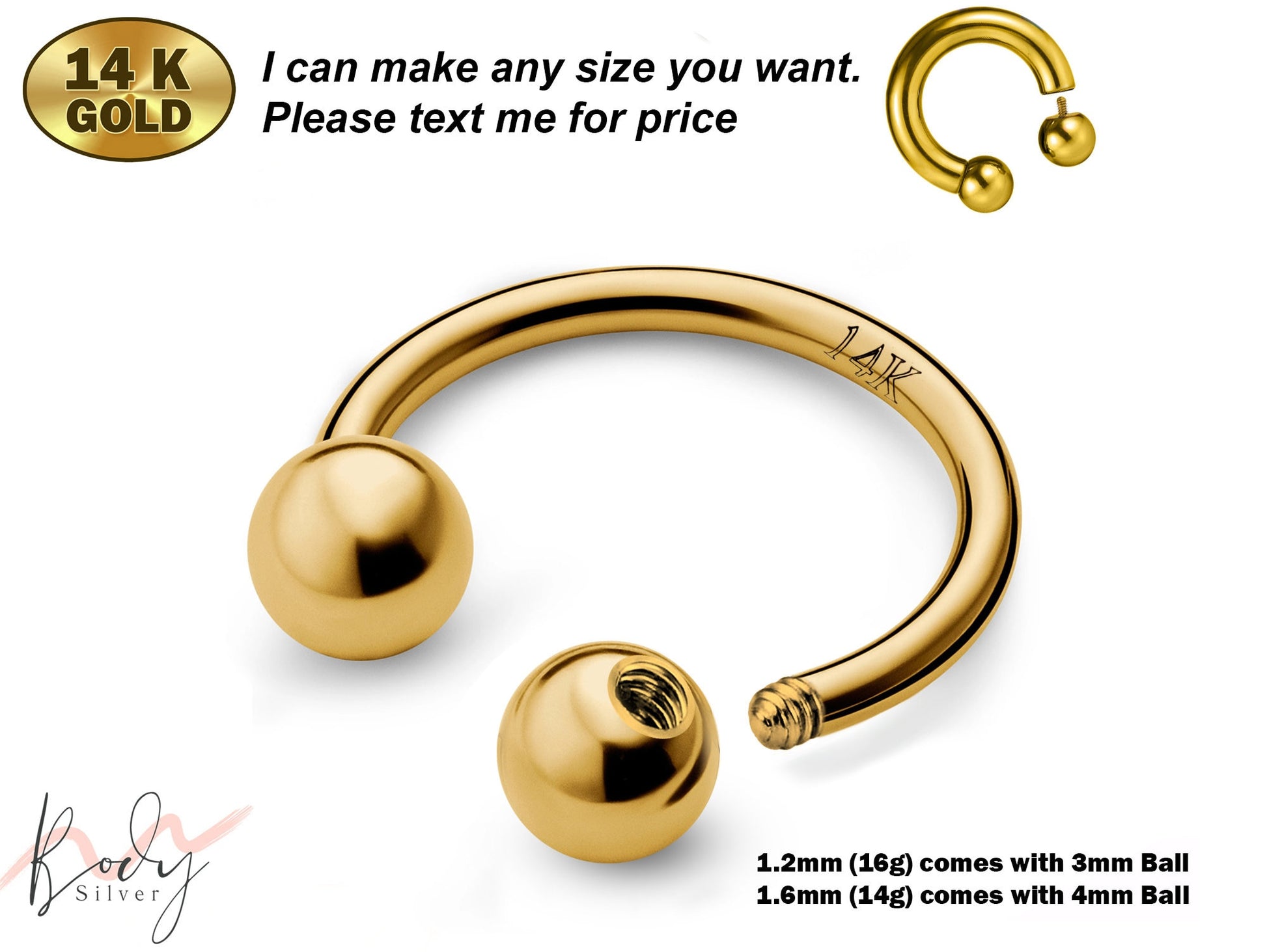 14K Gold Horseshoe Circular Barbell Piercing 16g 14g, 6mm to