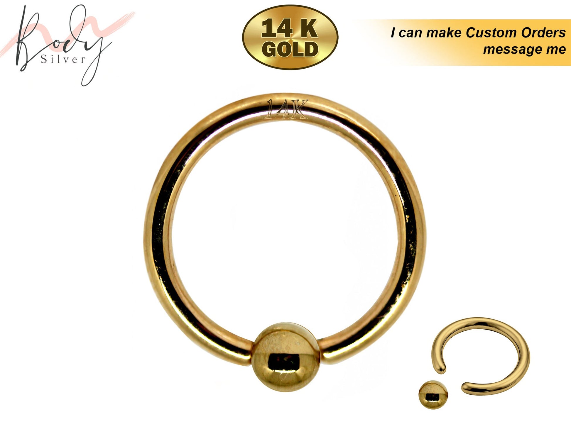 14K Gold Captive Bead Ring Piercing Ball Closure Ring (BCR) for Septum, Eyebrow, Nipple, Lip, Nose - 14g & 16g -6mm to 18mm