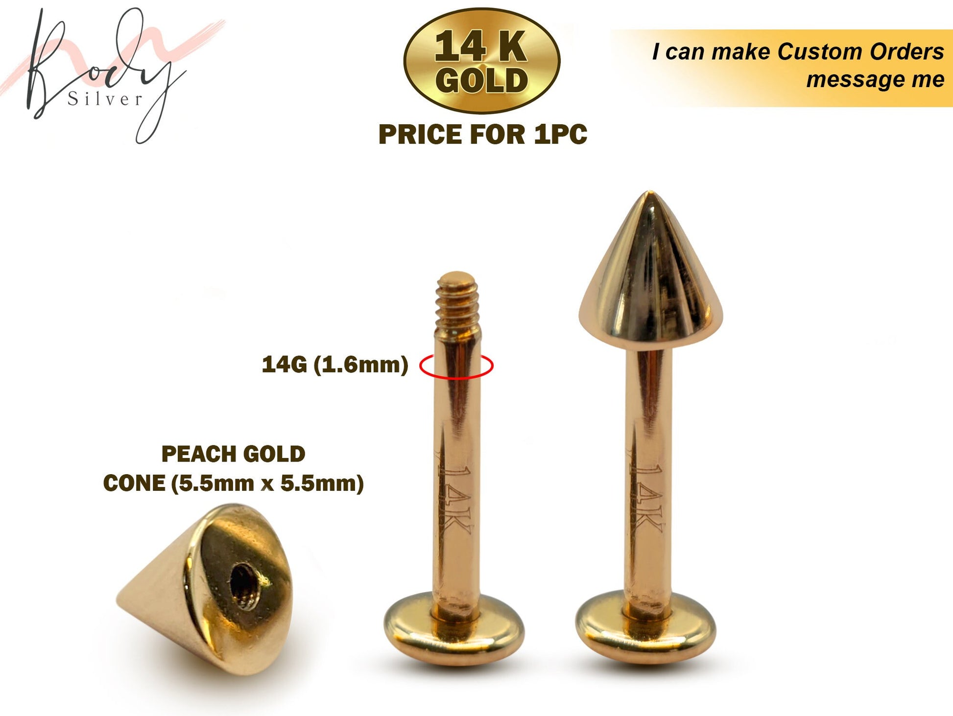 14K Gold Cone Labret Stud Lip Jewellery - 14G Labret Piercing, Lip Ring, Lip Stud, Tragus Earring with Peach Gold Cone