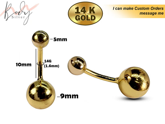 Hand Crafted 14K Real Gold Bely Belly Bar with 9mm Bottom Ball - Light weight for Comfort - 14g Length is 8mm to 12mm