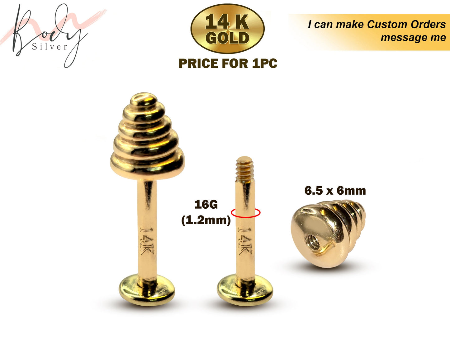 14K Gold Cone Temple Design Labret Stud Lip Jewellery - 16G Labret Piercing, Lip Ring, Lip Stud, Tragus Earring with Peach Gold Cone