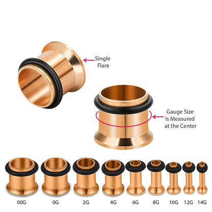 14K Rose Gold Ear Stretching Single Flare Plugs - Ear Tunnel Stretcher Plug, Single Flare Eyelet - Ear Expander Body Piercing