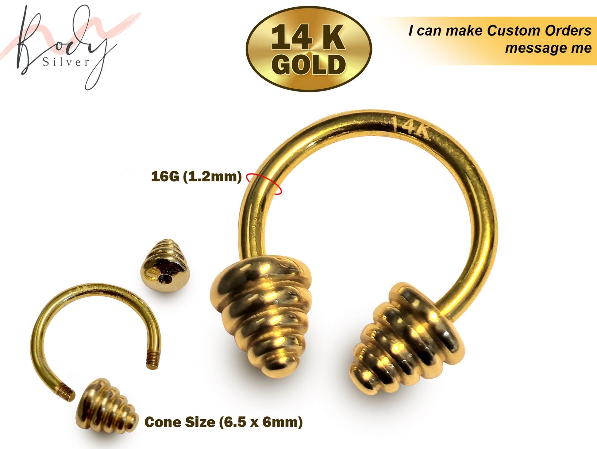 14K Gold Circular Barbell Piercing with Temple Design Cones- 16g, 6mm to 12mm - Body Piercing Horseshoe Septum Ring, Cartilage Earring