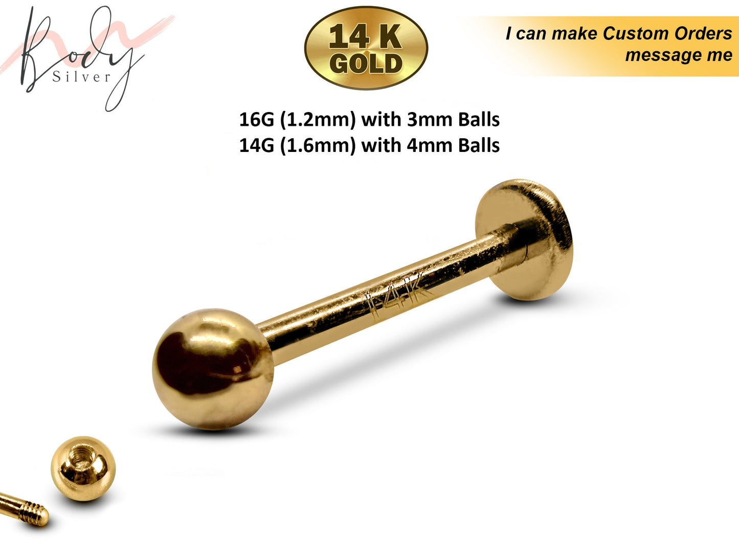 14K Solid Gold Lip Labret - 16g 14g Labret Stud Piercing Jewelry for Lip, Helix, Tragus, Lobe, Cartilage, Medusa Piercing, Ashley Piercing