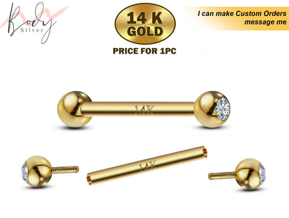 14K Gold Internal Threaded Barbell Piercing with Clear Gem - Nipple Jewelry, Bridge Piercing, Barbell Earrings - Length 10mm to 24mm