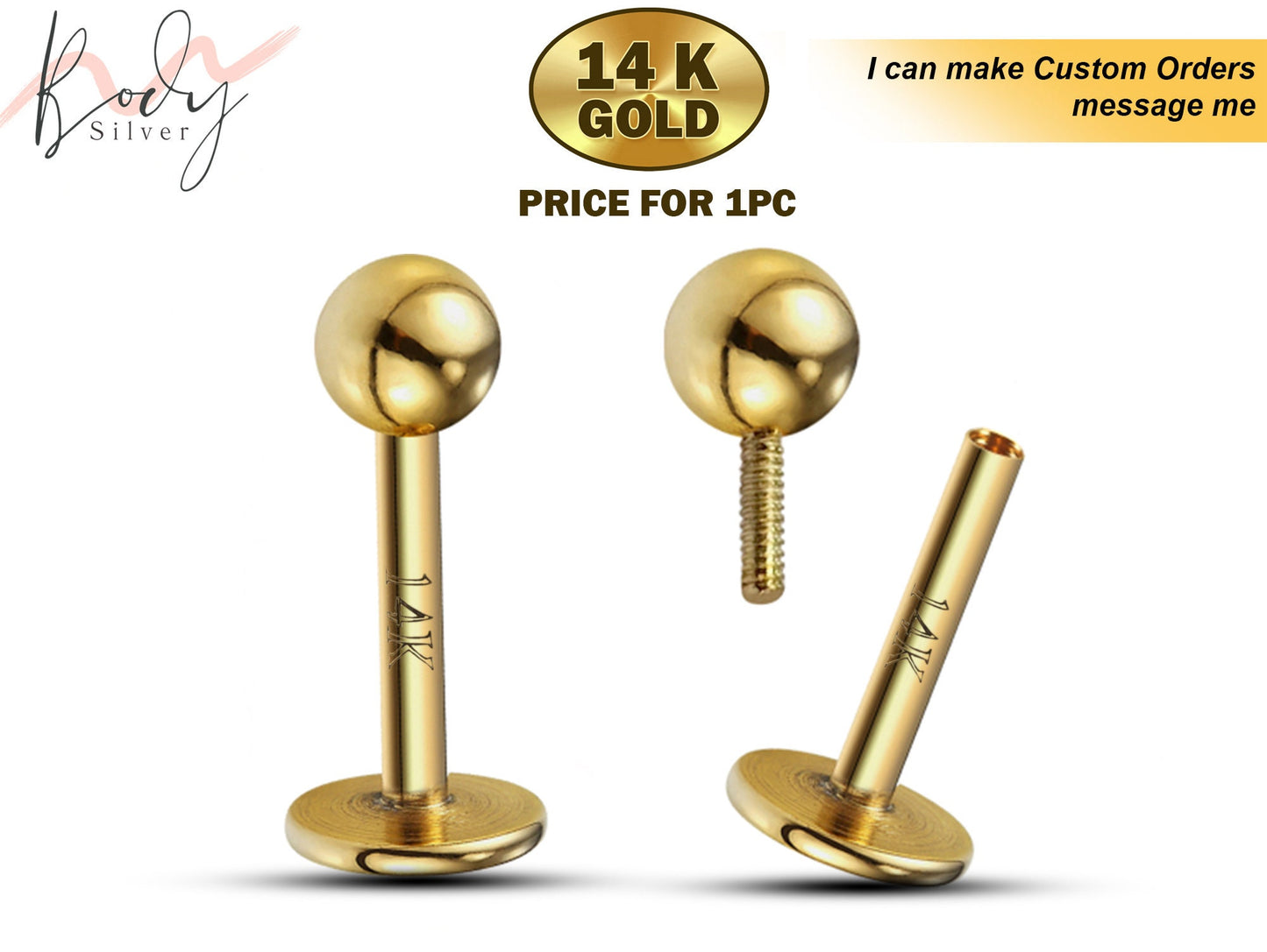 14K Yellow Gold Internally Threaded Labret Stud Lip Jewelry - Body Piercing for Lip, Helix, Tragus, Lobe, Cartilage, Medusa Piercing