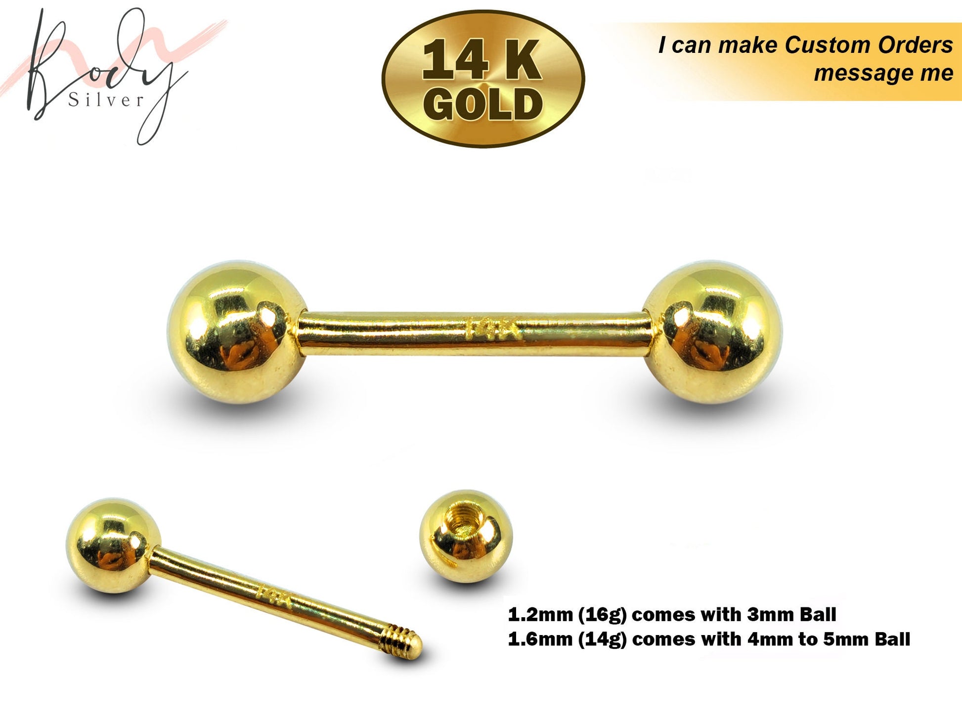 14K Gold Barbell Piercing, Barbell Earring - 14g to 16g size 6mm to 12mm - Piercing for Tongue, Daith, Helix, Tragus, Eyebrows and more