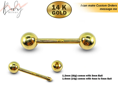 14K Gold Barbell Piercing, Barbell Earring - 14g to 16g size 6mm to 12mm - Piercing for Tongue, Daith, Helix, Tragus, Eyebrows and more