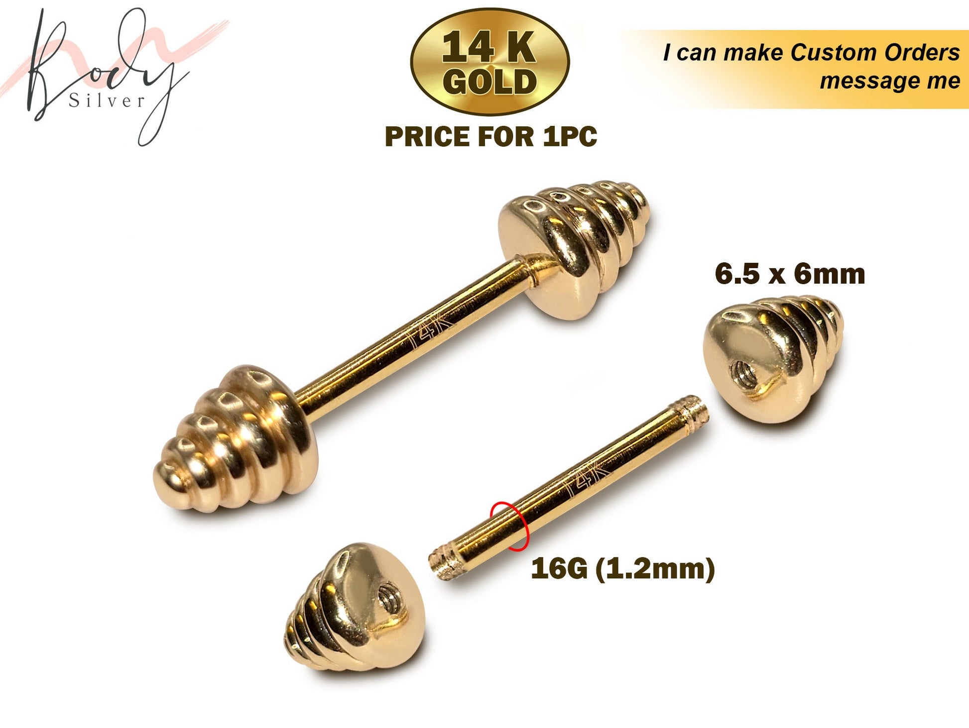 14K Gold Cone Temple Design Barbell Piercing, Cone Barbell Earrings - 16G Body Piercing Jewellery 6mm to 18mm