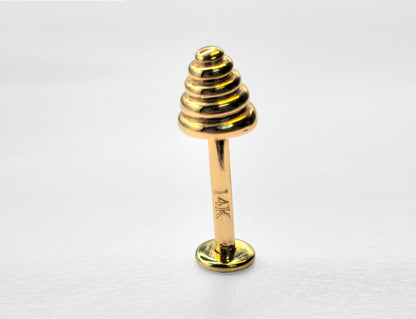 14K Gold Cone Temple Design Labret Stud Lip Jewellery - 16G Labret Piercing, Lip Ring, Lip Stud, Tragus Earring with Peach Gold Cone